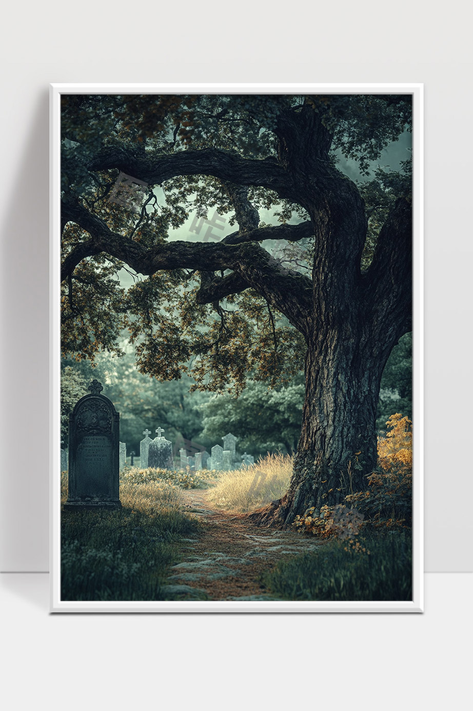 幽静古老墓地中的参天古树与落叶小径