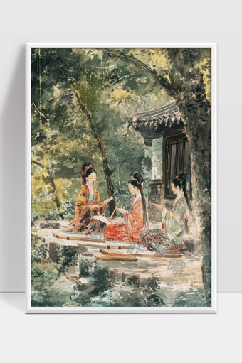 古代闺阁女子庭院雅集读书赏景图