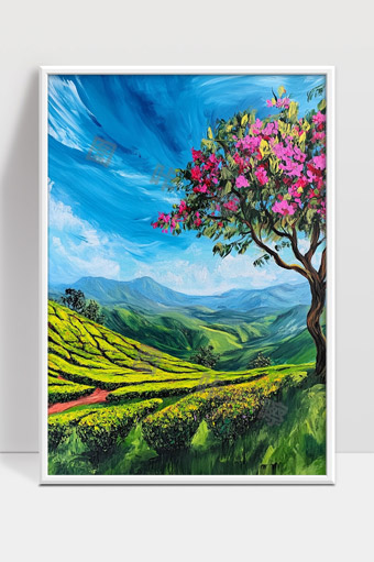 青山绿野茶园花树映衬自然风光美丽景色