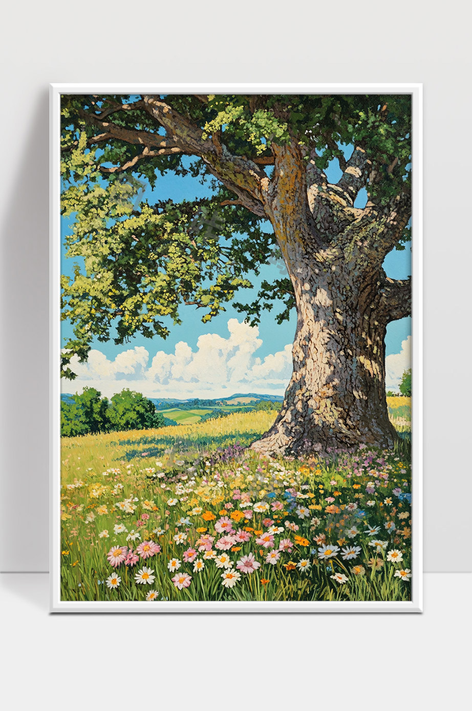 阳光下古树与花海的田园自然风光