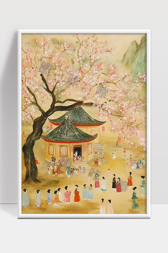 古风桃花树下民俗活动人群聚集场景绘画