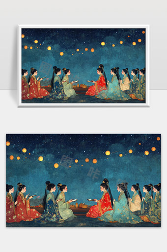 古代宫廷女子中秋赏月团圆盛景绘画