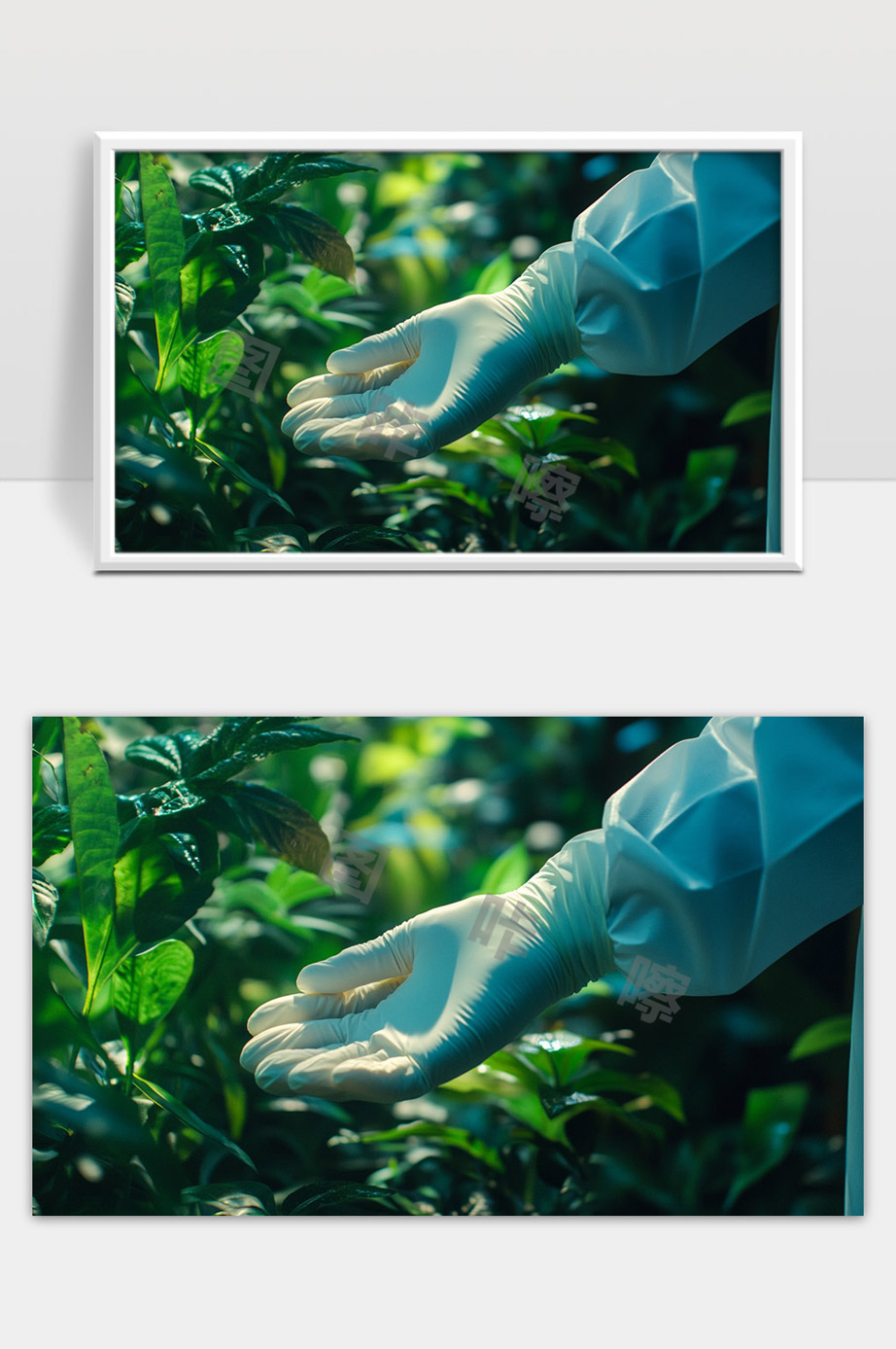 科研人员戴手套保护茶叶进行科学研究观察