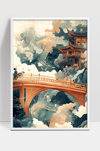 古风云海桥上观景人物与飞鸟古建筑画卷