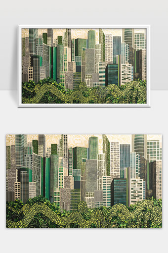绿色环保现代城市高楼大厦与自然融合景象