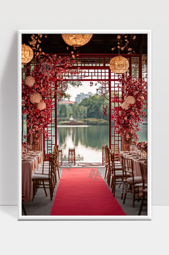 湖边红色花艺布置的中式婚礼场地迎宾通道