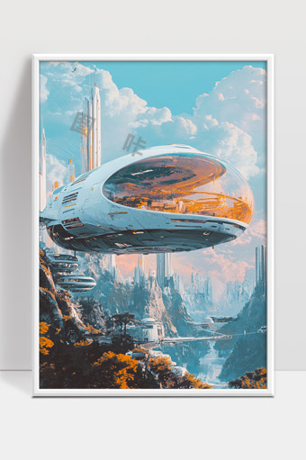 未来科幻城市中的悬浮飞船与高科技建筑群景观