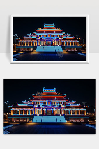 夜晚灯光映衬下的宏伟古建筑风格宫殿