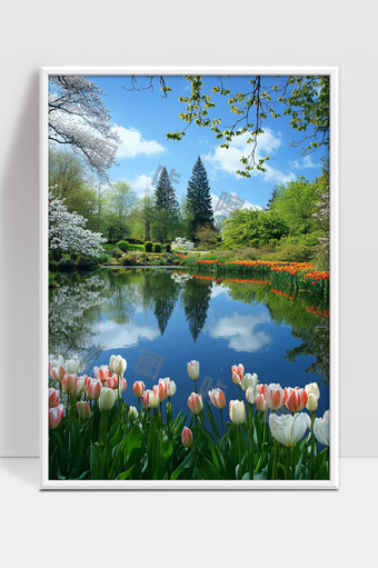 春日湖畔郁金香花海与蓝天白云倒影美景