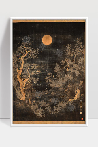 古风夜景明月松林古树人物山水意境画