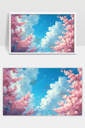 蓝天白云下盛开粉色樱花的春天风景画面