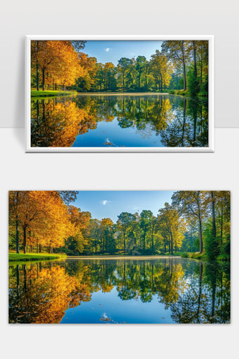 秋日湖畔森林美景倒映清澈湖水宁静自然风光