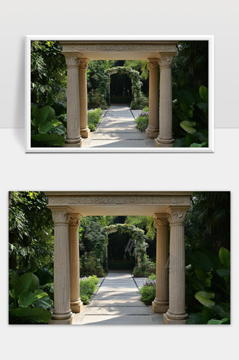 绿荫花园中的古典石柱拱门与林间小径景观