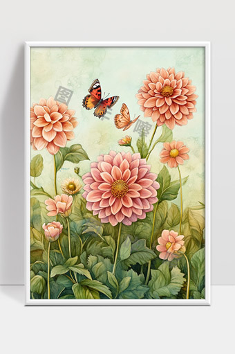 盛开的大丽花与蝴蝶春日自然生动画面