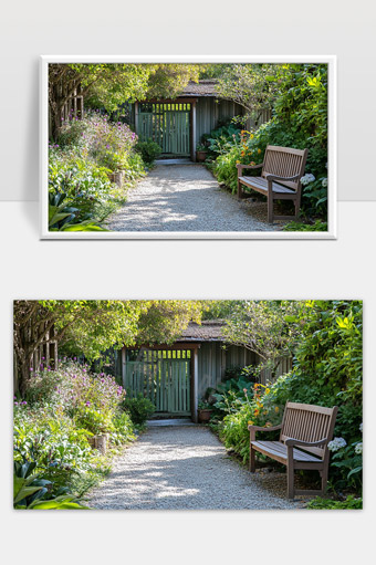 宁静花园小径旁的木质长椅和绿意门廊