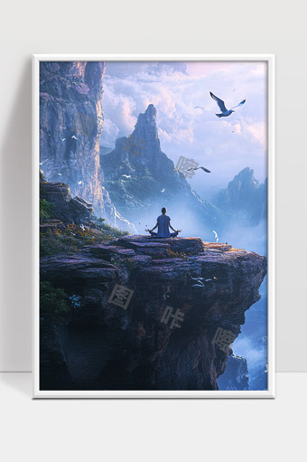 山崖静坐冥想与飞鸟共舞的宁静自然景象