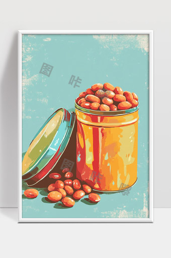 复古风格橙色铁罐装满红色花生坚果