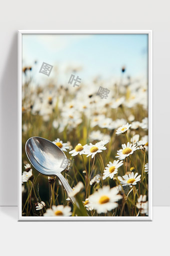 温暖阳光下盛开的一片雏菊花海和银色汤匙静谧画面