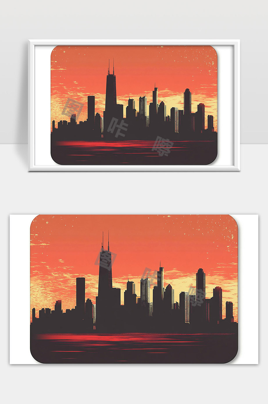 夕阳下的现代都市天际线剪影风光