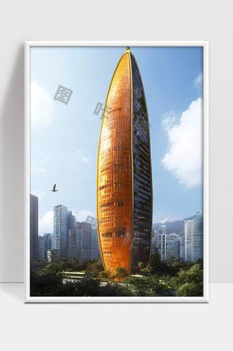 现代城市中的独特橙色未来派摩天大楼建筑