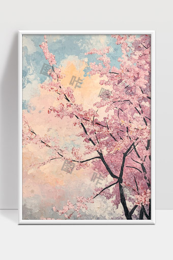 春日樱花绽放河边美景唯美油画艺术作品