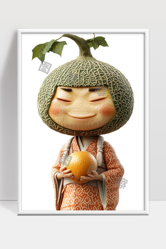 创意卡通哈密瓜头戴草帽手持橙子的可爱角色