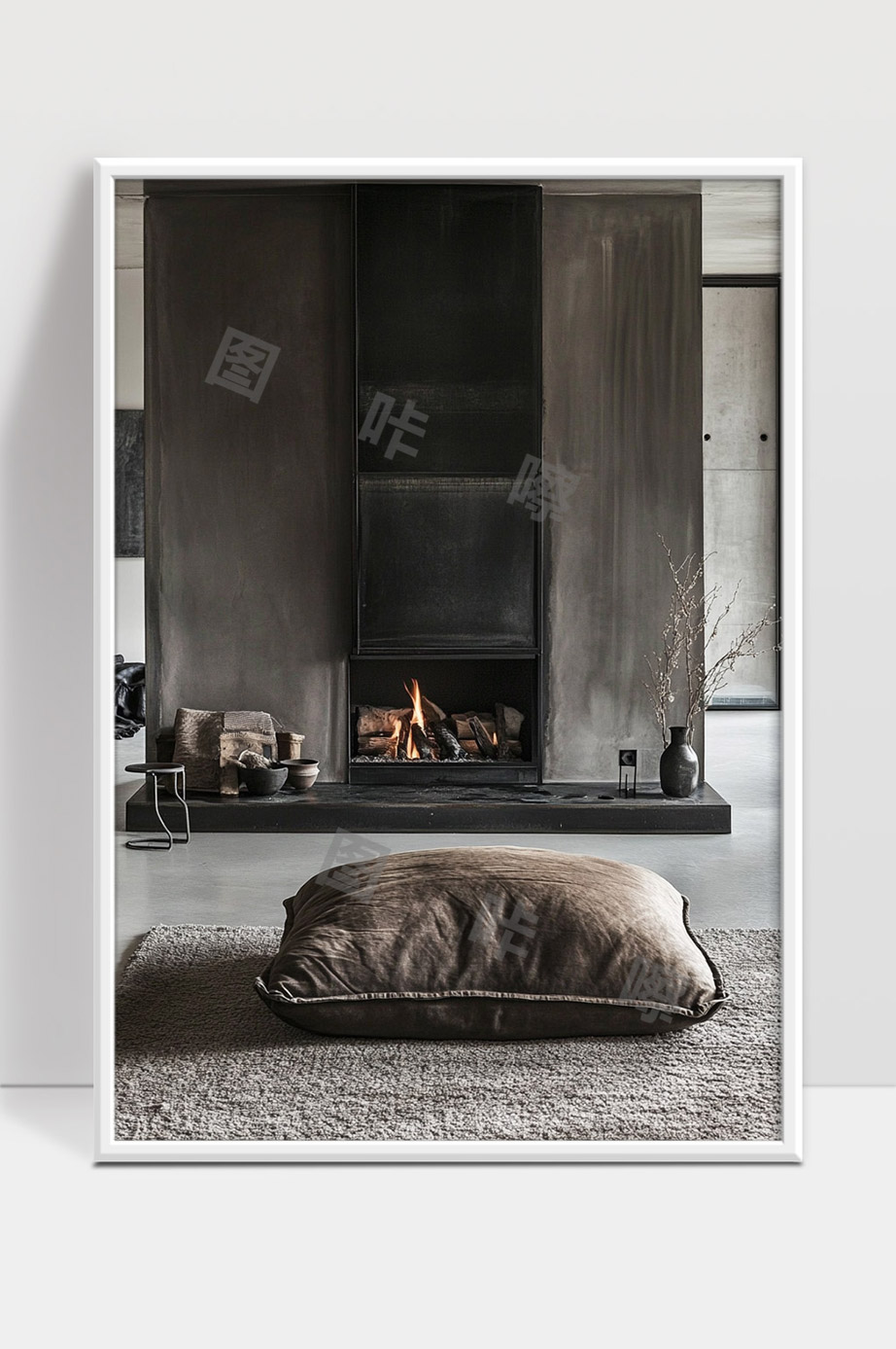 现代极简风格客厅温馨壁炉与舒适坐垫