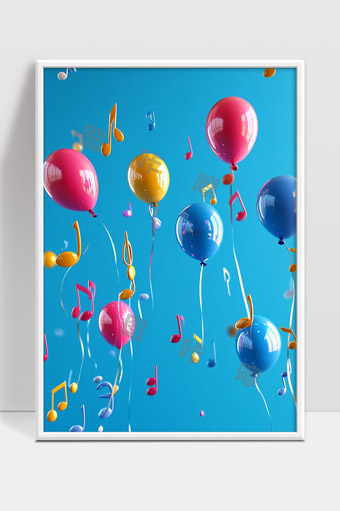 彩色气球伴随音乐符号飞舞音乐庆典欢乐场景