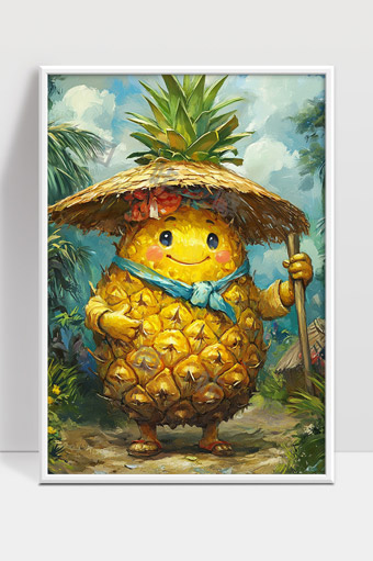 卡通菠萝旅行者戴草帽手持木棍快乐微笑风景