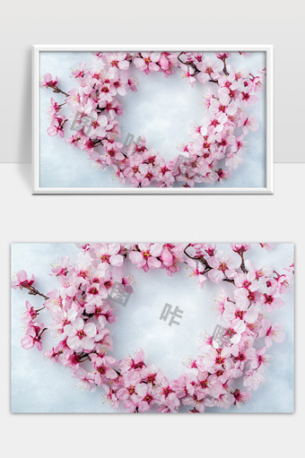 粉色樱花绽放心形花环温柔浪漫背景
