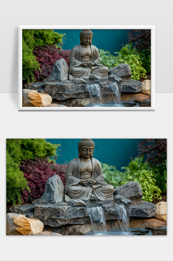 静谧禅意佛像庭院流水景观和谐自然环境