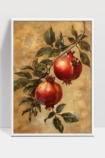 写实风格石榴果实枝叶秋天丰收油画艺术作品
