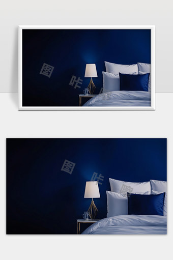 简约现代卧室床铺蓝色装饰灯光氛围营造舒适空间