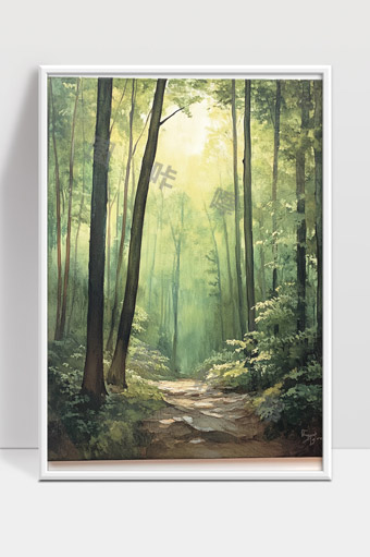 静谧森林小径阳光穿透树叶映照幽深林间