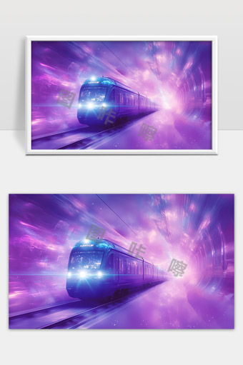 未来科技感高速列车穿梭梦幻紫色隧道场景