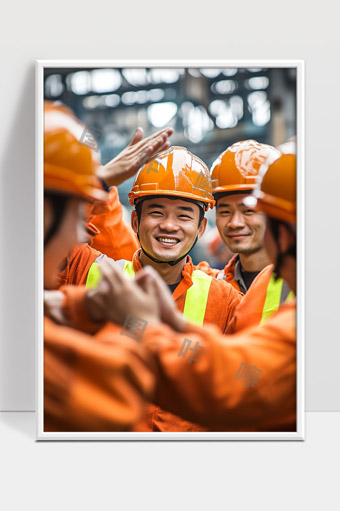 笑容满面的建筑工人团队互相鼓励庆祝成功