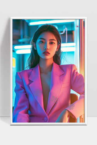 霓虹灯下时尚女性淡妆魅力现代都市风情