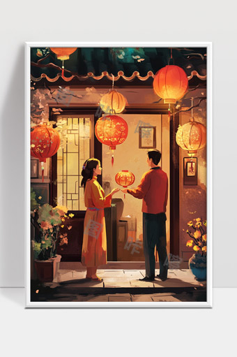 温馨夜晚夫妻共赏中秋灯笼美好时光