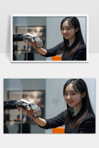 智能机器人与人类少女握手展示未来科技友好融合