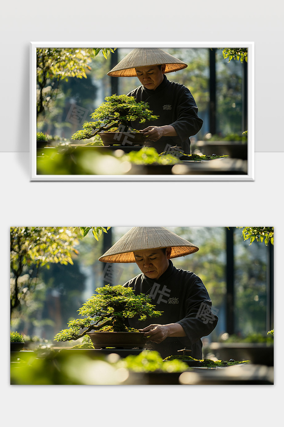 园艺师在阳光下精心修剪盆栽盆景艺术品