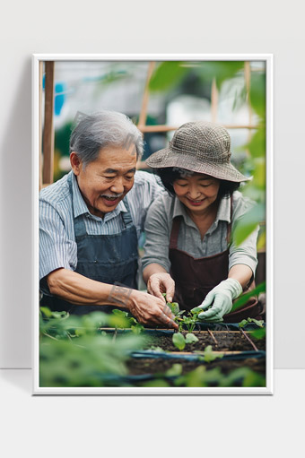 幸福晚年农村夫妻园艺劳动忙碌身影温馨画面
