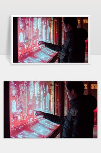 年轻男子操作智能触控屏幕探索高科技信息展示