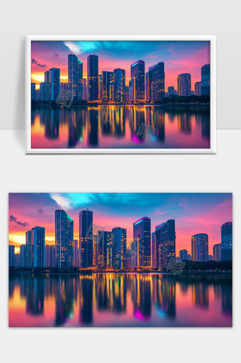 夕阳映照下现代城市高楼绚丽夜景倒影