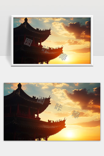 夕阳映照古代建筑屋檐雕饰美丽东方古风景象