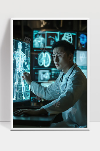 医生利用高科技屏幕分析人体骨骼和器官影像数据