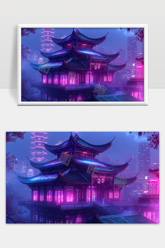 霓虹灯辉映下的现代古建筑夜景美