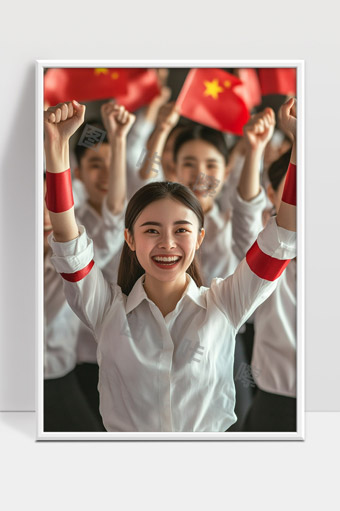 青年学生手举拳头庆祝国庆精神饱满展现爱国热情