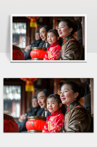 中国家庭春节穿传统服饰欢庆佳节幸福温馨场景