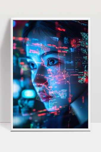 数字化未来科技女性面孔人工智能视觉融合