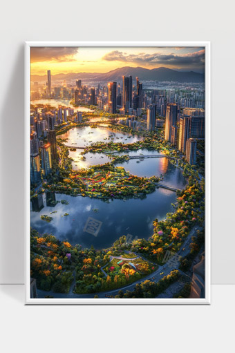 夕阳映照城市湖泊美景高楼林立自然与都市融合